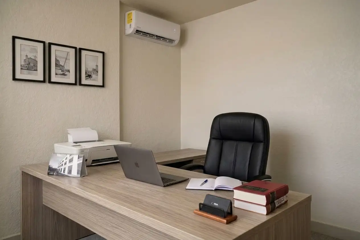 Despacho de abogado en Cancún, mostrando un espacio de trabajo profesional con escritorio de madera, silla ejecutiva negra, laptop y herramientas legales.